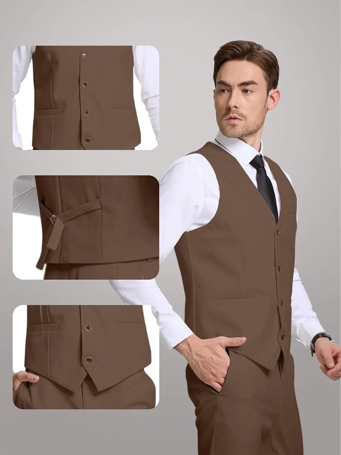 Men's Linen Suits 2 Piece Slim Fit Suit Lightweight Summer Beach Wedding Prom Vest and Pants Set