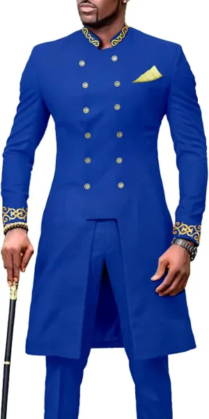 Men`s Suit African Clothing Dashiki Embroidery Jacket and Pants 2 Piece Set Dashiki Outwear Kerchief for Wedding