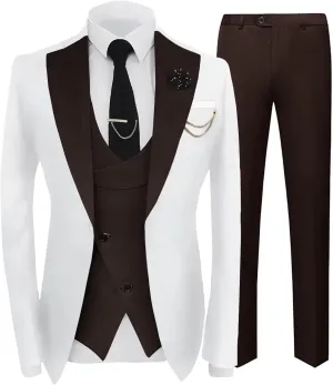 Mens Suit Formal 3 Piece Tuxedo Slim Fit Set Jacket Blazer Vest Pants for Groomsmen Wedding Prom Party