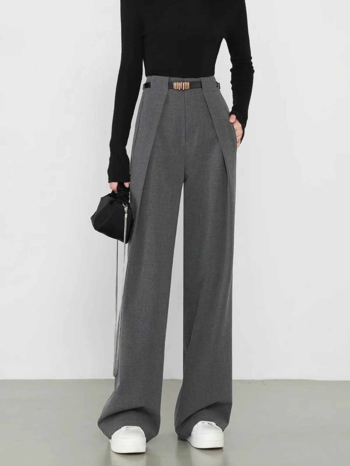 Middle Waist Solid Trendy Pocket Straight Leg Pants