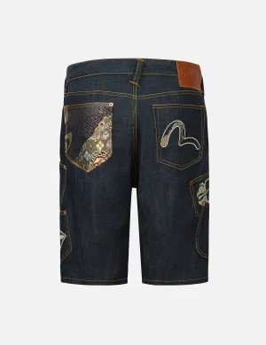 Multi-Pocket with Brocade Patch Regular Fit Denim Shorts