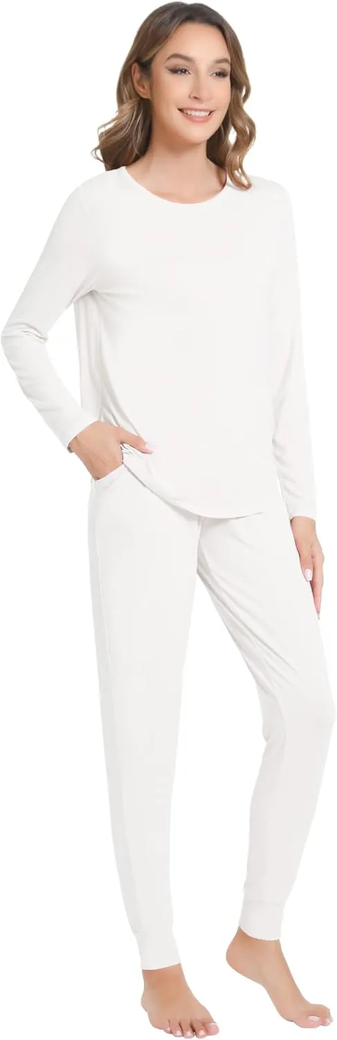 NACHILA Women's Pajamas-Viscose Made from Bamboo, Long Sleeve Pajama Set Soft Jogger Pants Pjs with Pocket Comfy Sleepwear