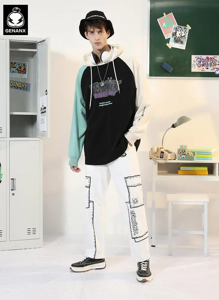 Patchwork Letter Print Raglan Sleeve Hoodies