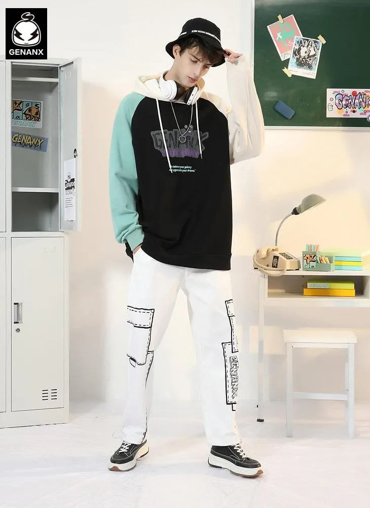 Patchwork Letter Print Raglan Sleeve Hoodies