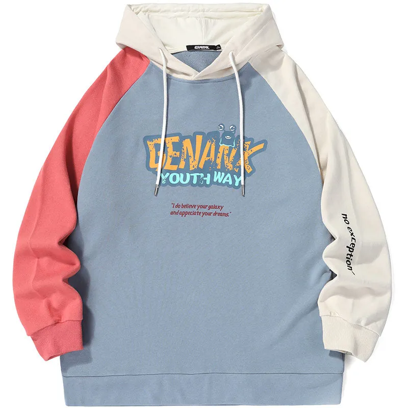 Patchwork Letter Print Raglan Sleeve Hoodies