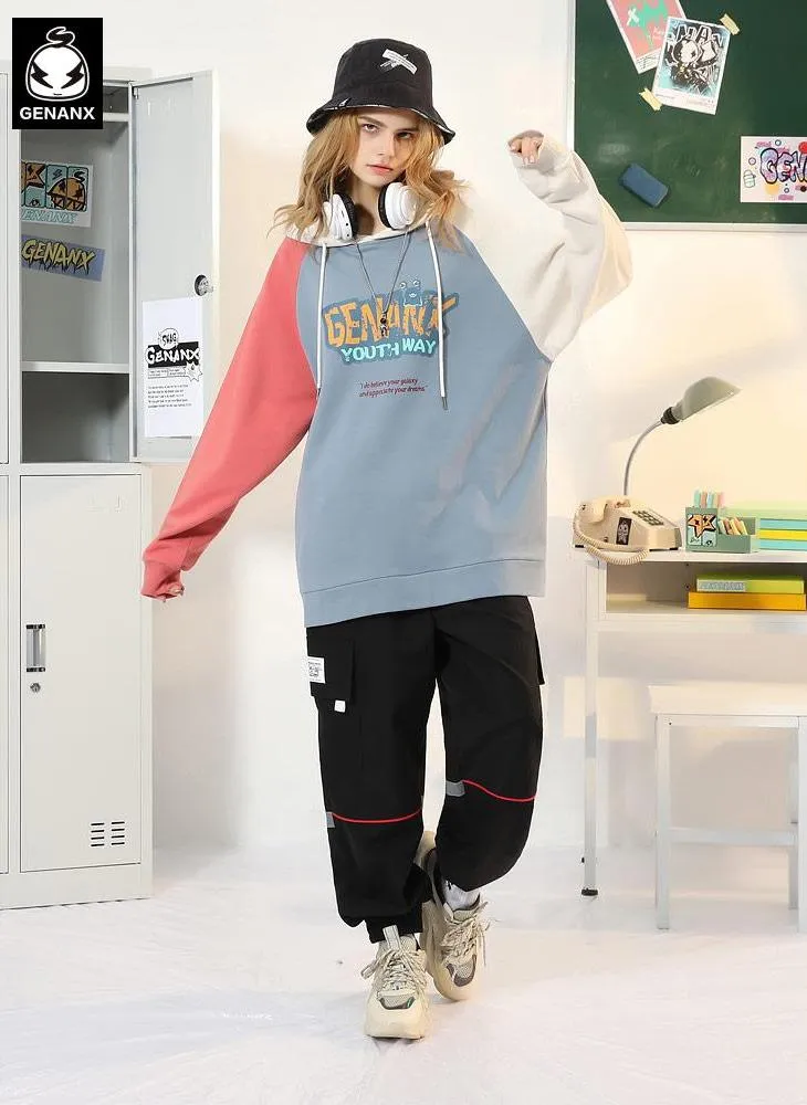 Patchwork Letter Print Raglan Sleeve Hoodies