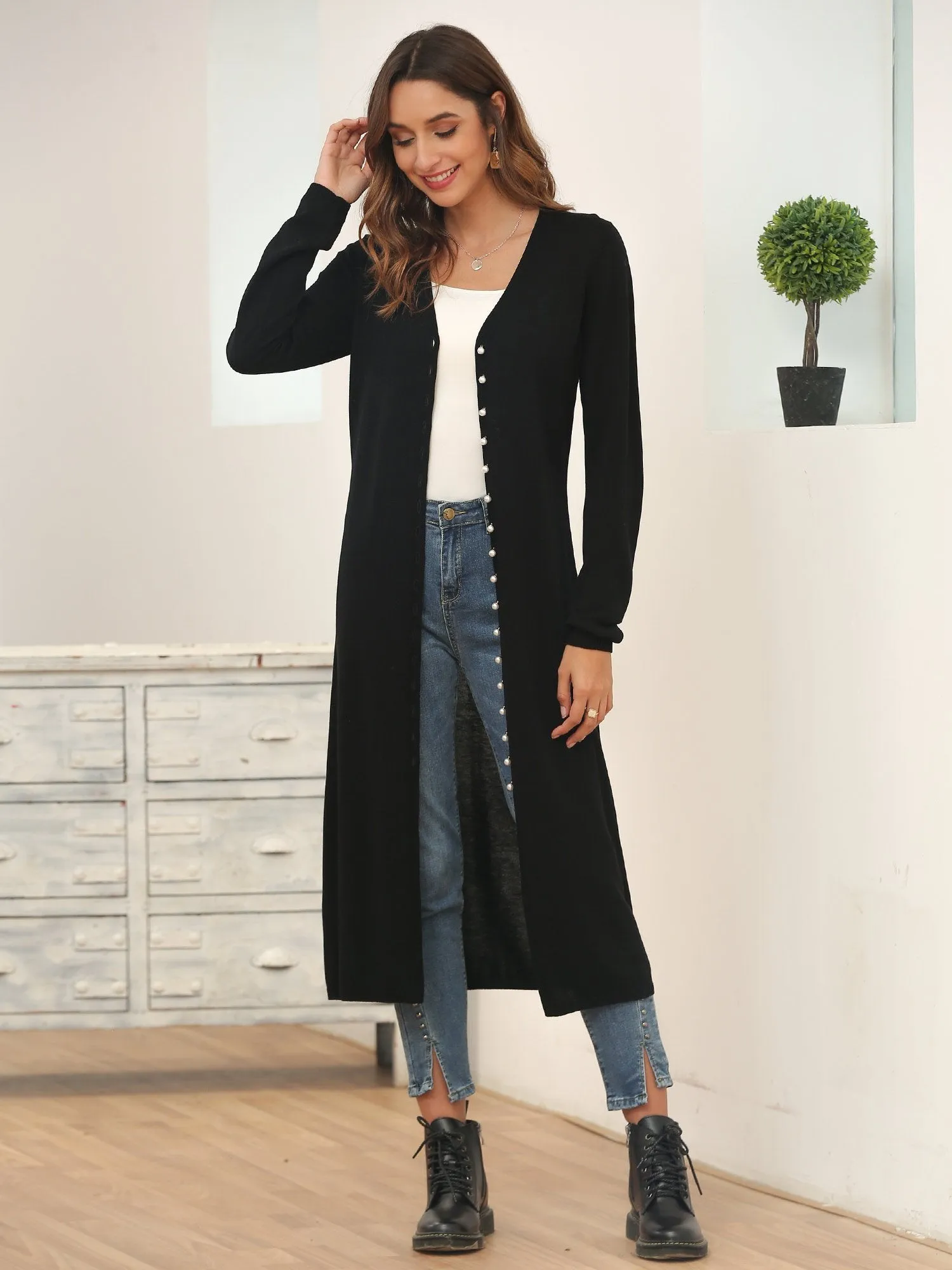 Pearls Single Breasted Longline Cardigan Dress