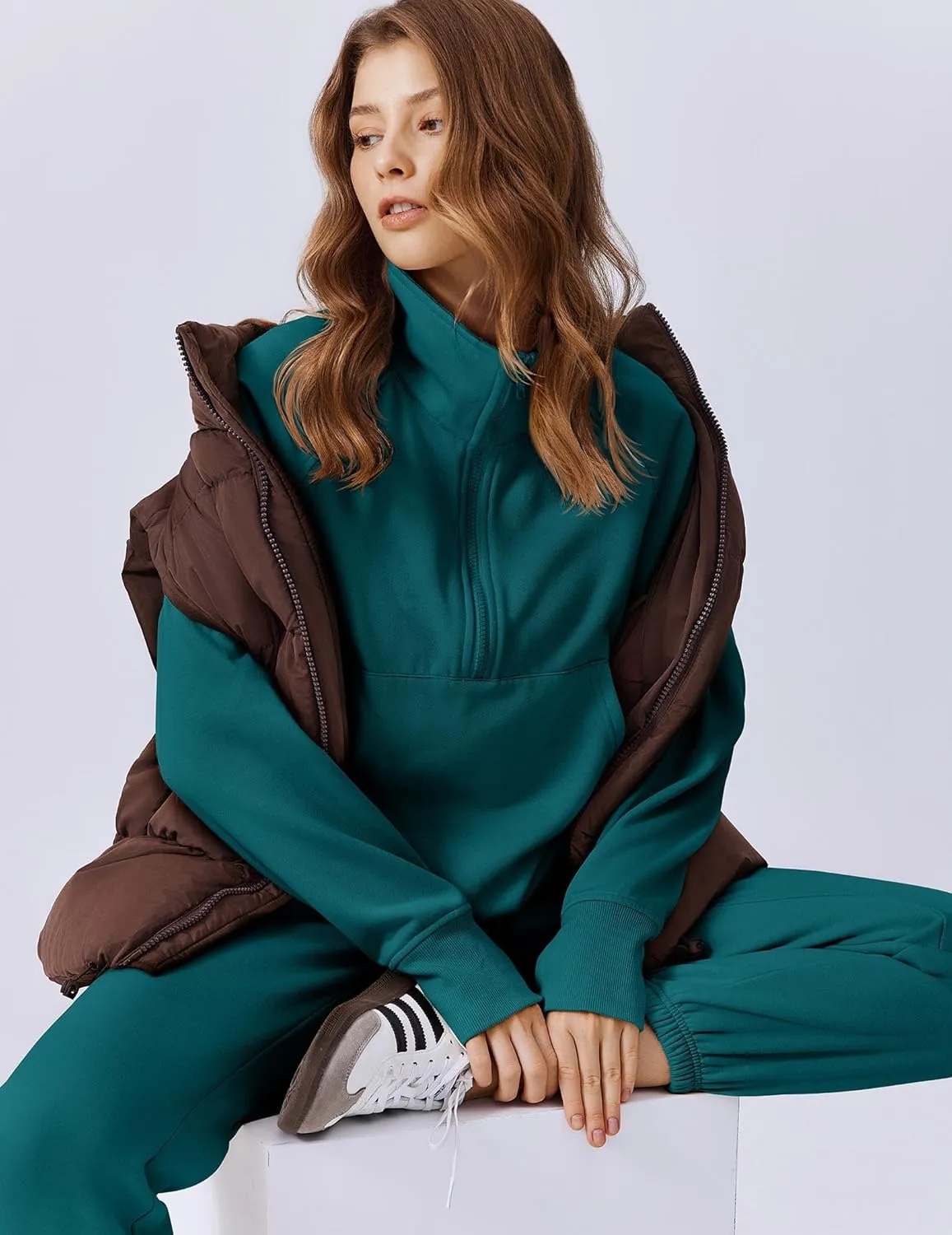 PINSPARK Womens 2 Piece Outfits Fleece Sweatsuit Half Zip Pullover Track Suit Jogger Sweatshirt and Sweatpants Matching Set