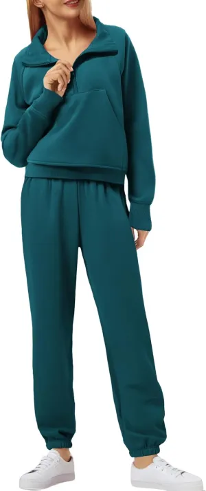 PINSPARK Womens 2 Piece Outfits Fleece Sweatsuit Half Zip Pullover Track Suit Jogger Sweatshirt and Sweatpants Matching Set