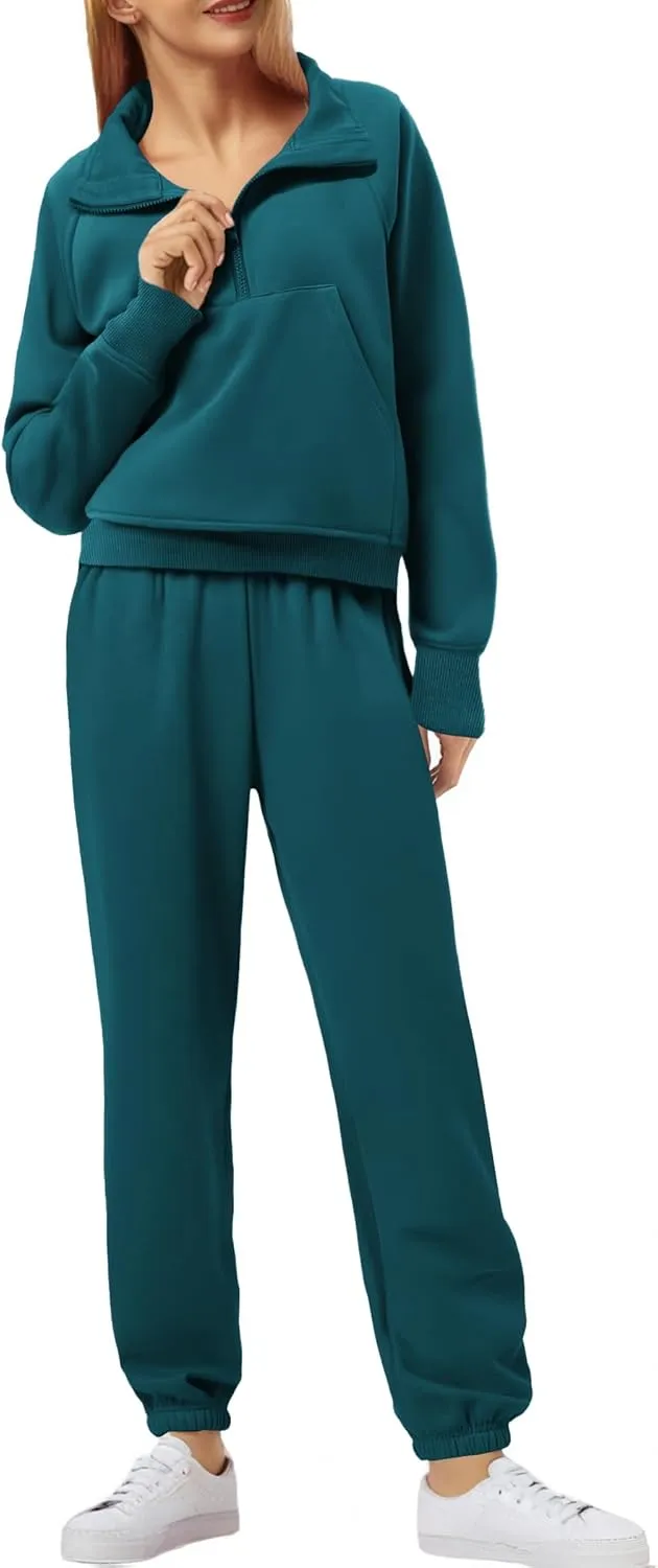 PINSPARK Womens 2 Piece Outfits Fleece Sweatsuit Half Zip Pullover Track Suit Jogger Sweatshirt and Sweatpants Matching Set