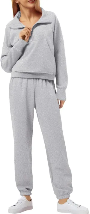 PINSPARK Womens 2 Piece Outfits Fleece Sweatsuit Half Zip Pullover Track Suit Jogger Sweatshirt and Sweatpants Matching Set