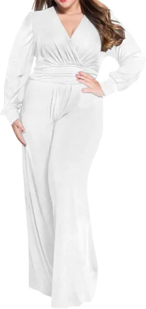 RED DOT BOUTIQUE 701 - Plus Size Mesh Long Sleeve V Wrap Neck Wide Leg Pants One Piece Jumpsuit