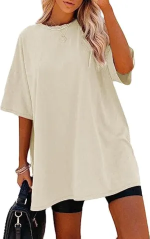 Remidoo Women's Oversized T Shirt Crewneck Solid Short Sleeve Baggy Cotton Tees