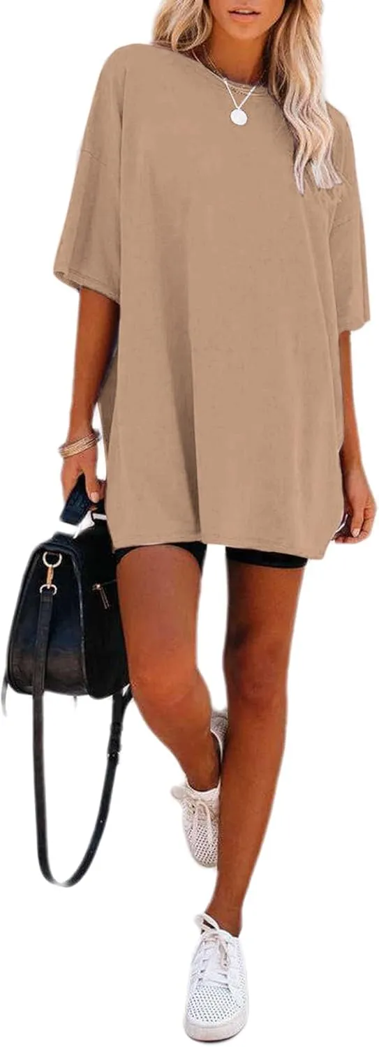 Remidoo Women's Oversized T Shirt Crewneck Solid Short Sleeve Baggy Cotton Tees