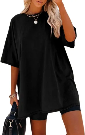 Remidoo Women's Oversized T Shirt Crewneck Solid Short Sleeve Baggy Cotton Tees
