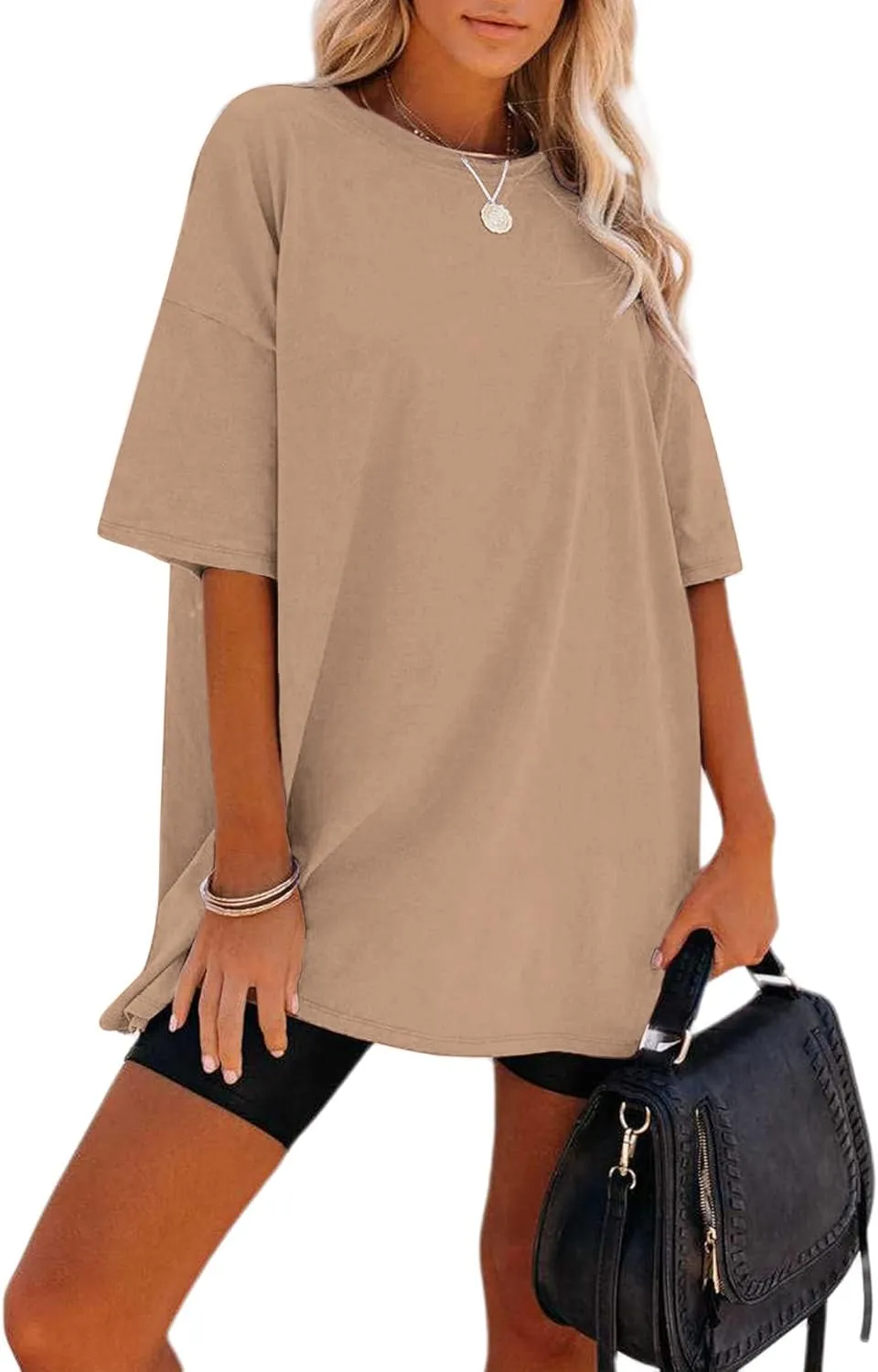 Remidoo Women's Oversized T Shirt Crewneck Solid Short Sleeve Baggy Cotton Tees