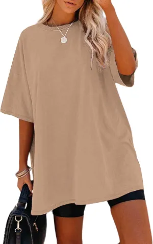 Remidoo Women's Oversized T Shirt Crewneck Solid Short Sleeve Baggy Cotton Tees