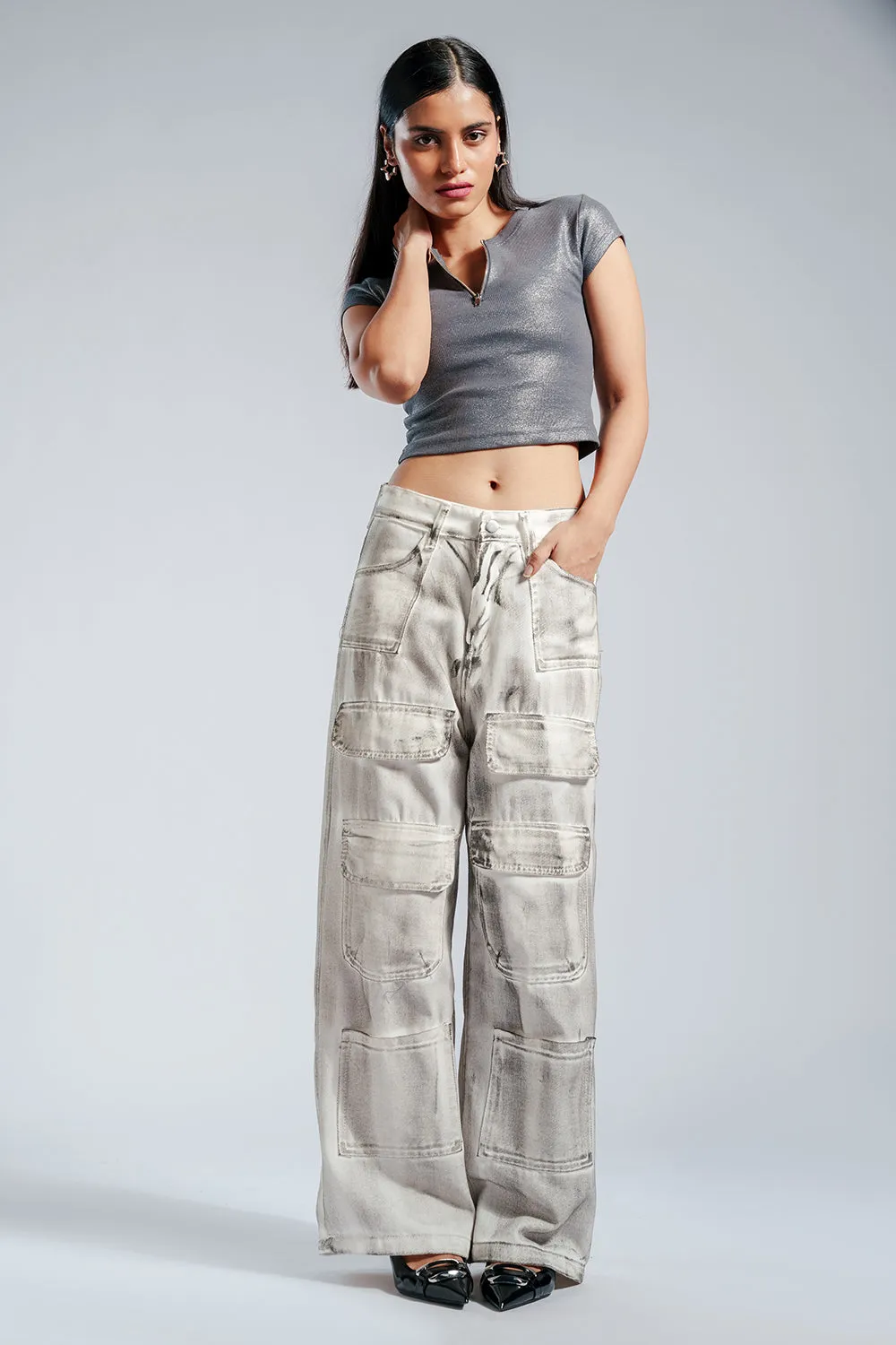 Rustic White Multi Pocket Cargo Jeans