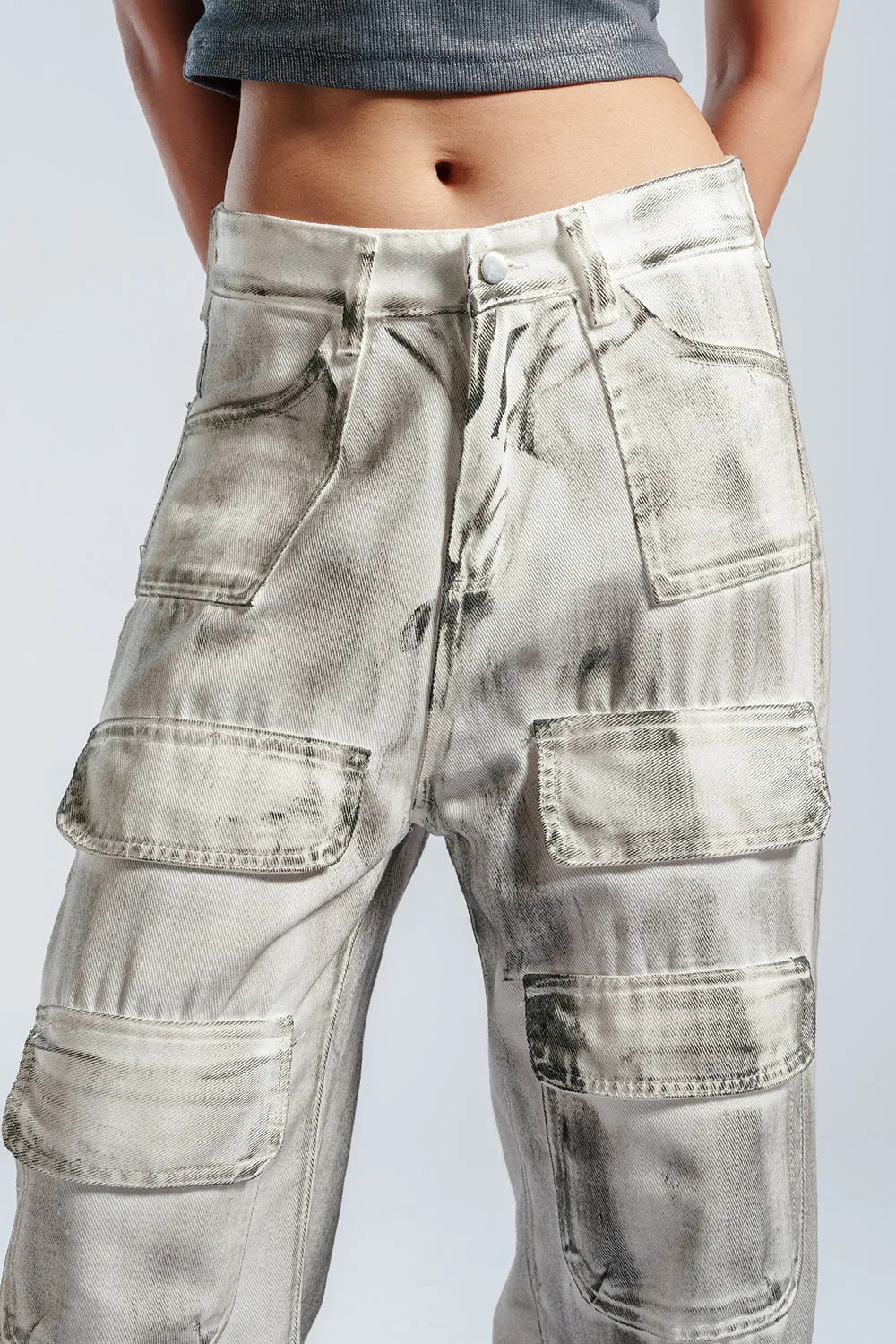 Rustic White Multi Pocket Cargo Jeans