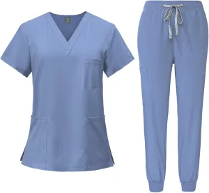 Scrub Sets for Woman 2025 Essential Jogger Scrub Set Nursing Uniform Stretch V-Neck Top & Drawstring Cargo Pants