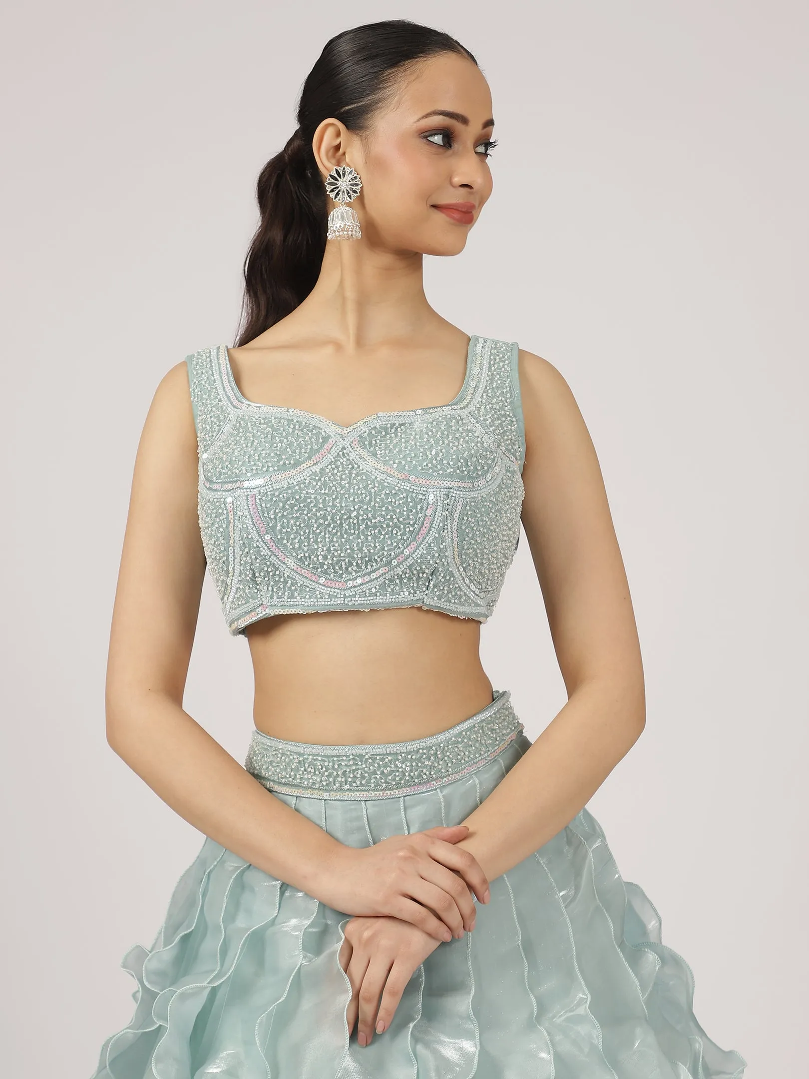 Sea Blue Organza Ruffled Lehenga with Pearl Work Blouse & Overcoat