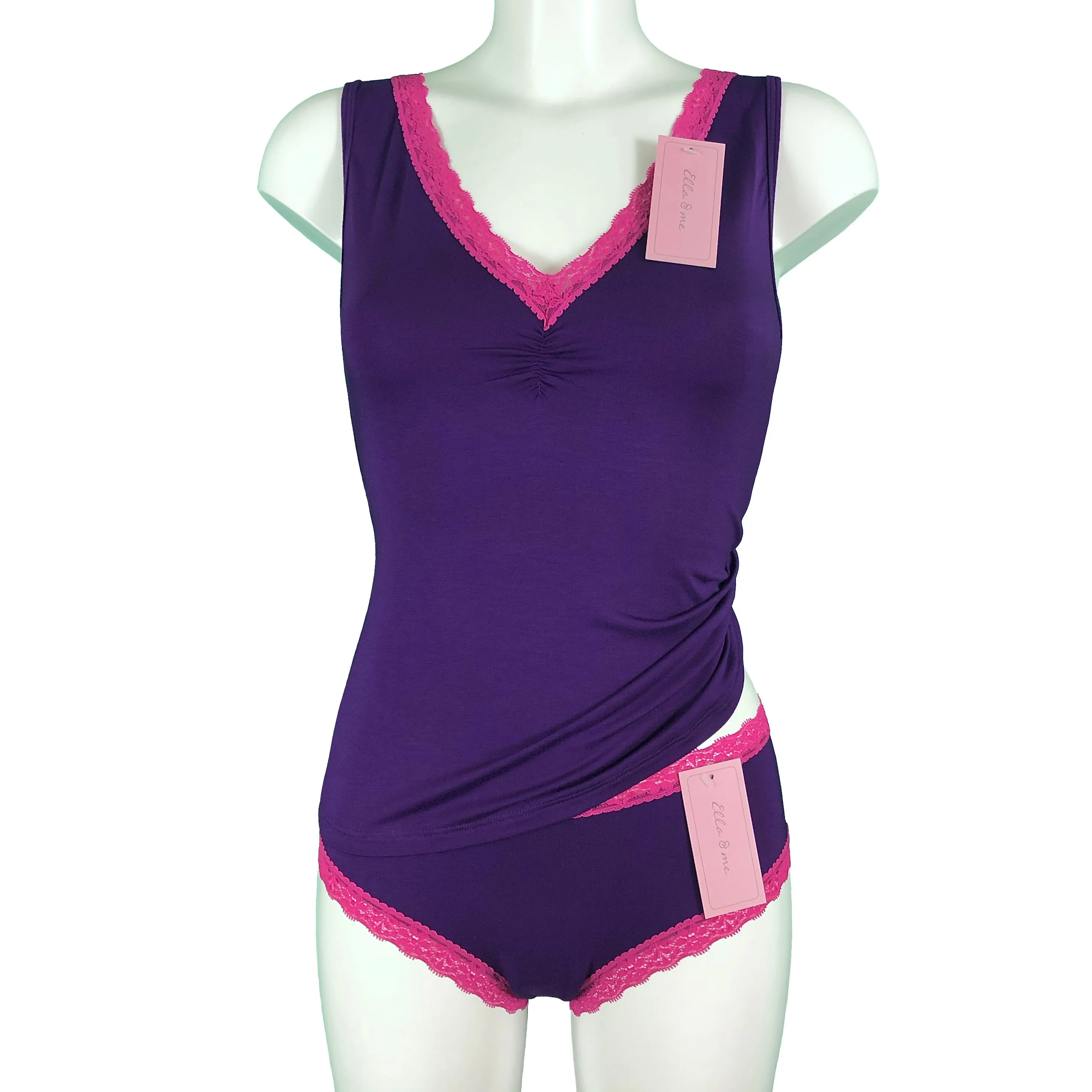 Soft Bamboo Jersey Lace Trim Cami Vest - Violet & Raspberry