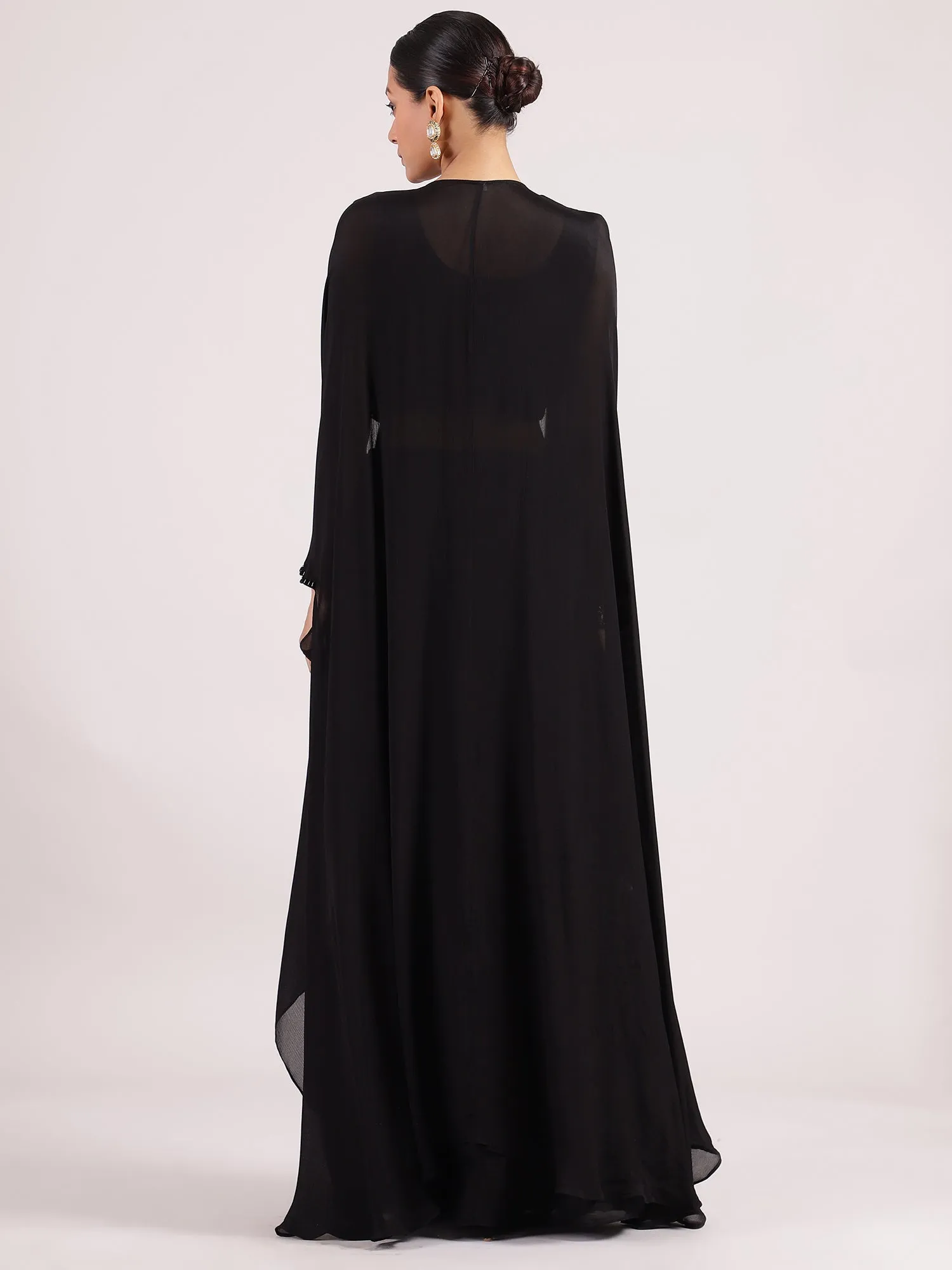 Sophisticated Black Georgette Palazzo Suit with Pearl Beadwork Blouse & Overcoat