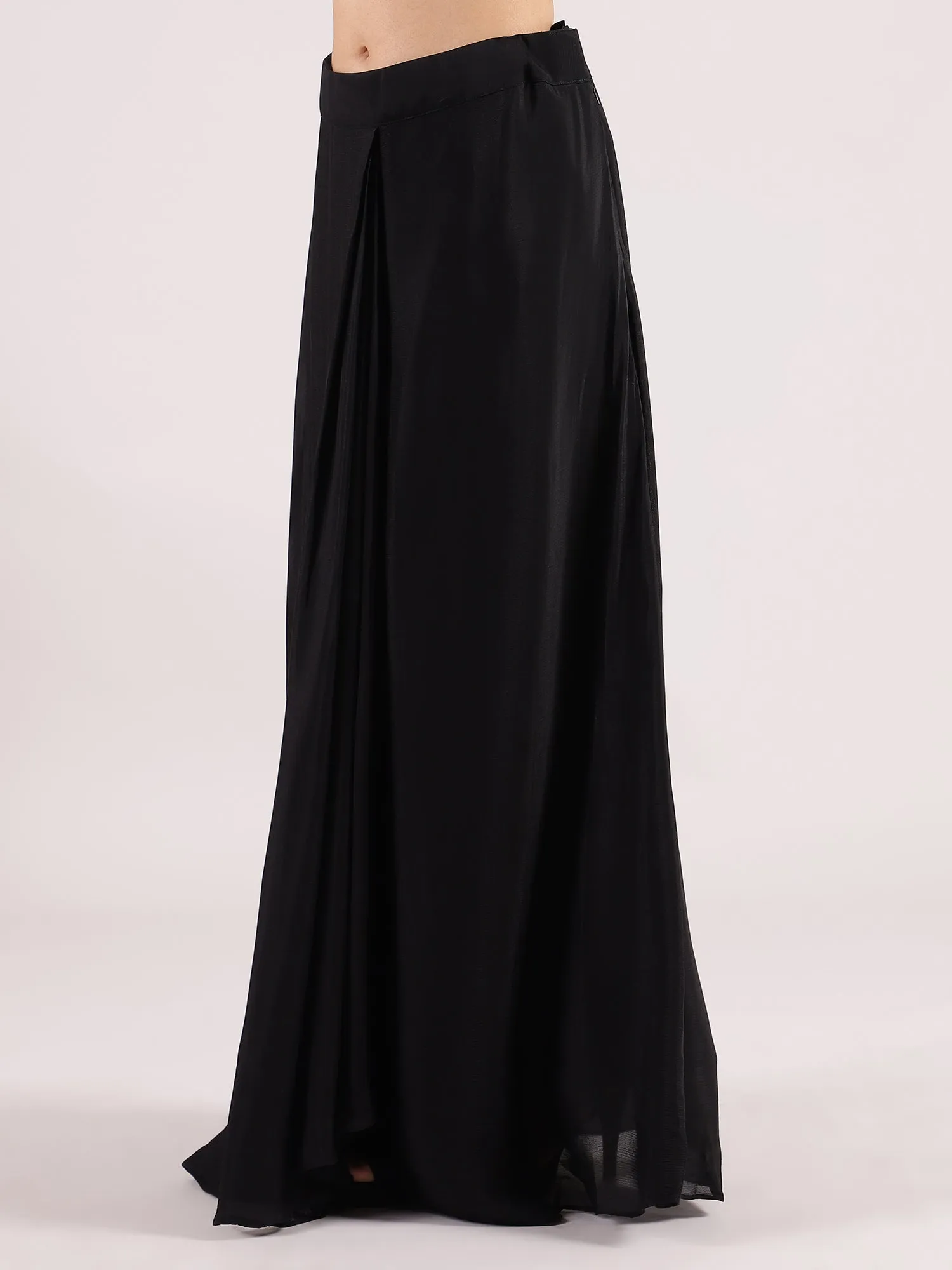 Sophisticated Black Georgette Palazzo Suit with Pearl Beadwork Blouse & Overcoat