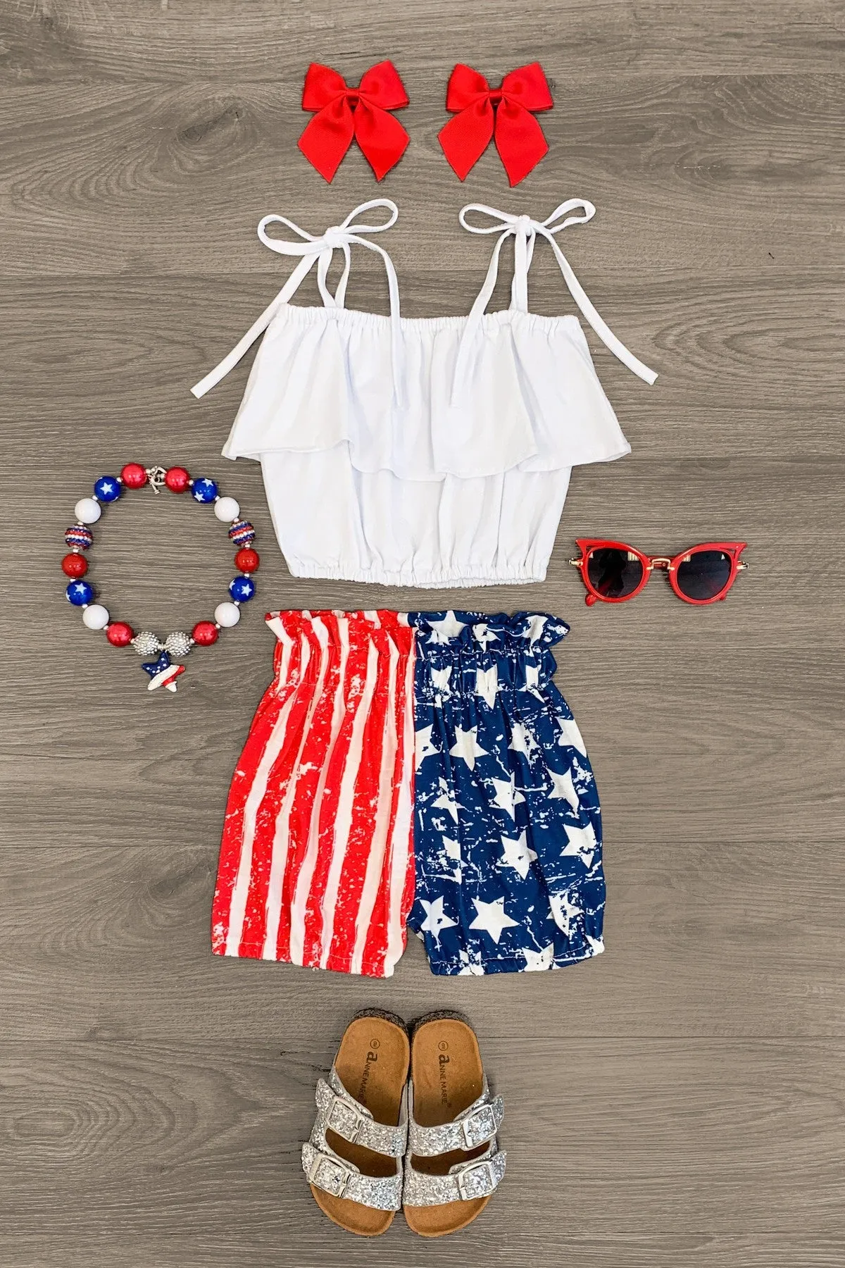 Stars & Stripes Tie Shoulder Bubble Short Set