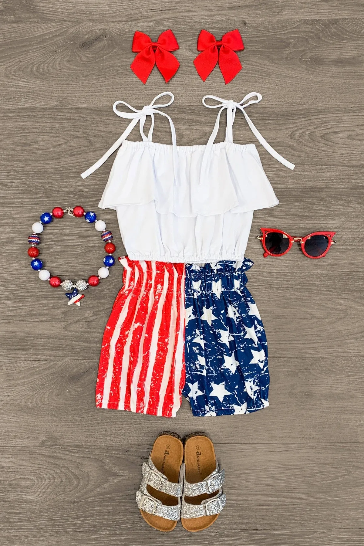 Stars & Stripes Tie Shoulder Bubble Short Set