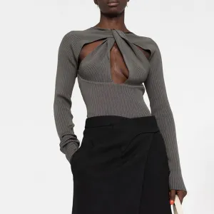 Stylish Twist Neck Long Sleeve Slim Fit Rib Knit Pullover Cutout Sweater