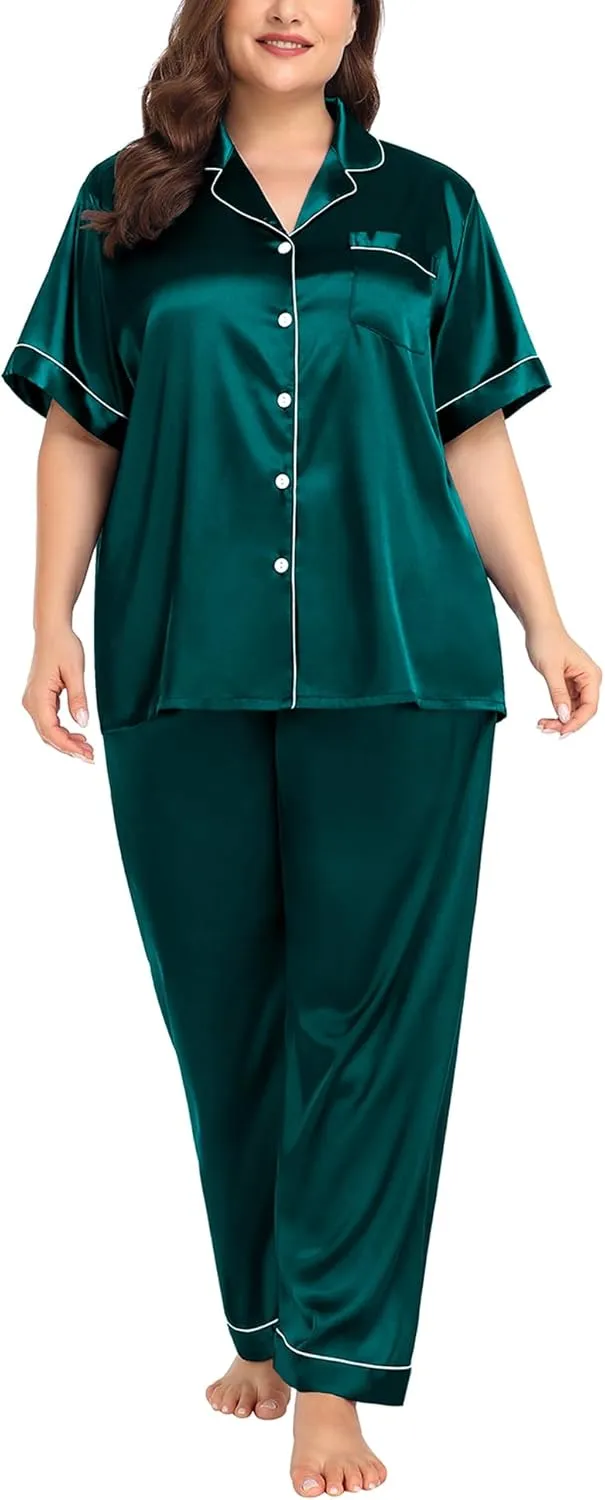 SWOMOG Women's Plus Size Pajamas Silk Satin Pajama Set Short Sleeve Shirt with Full-Length Pants Pjs Sleepwear Set 18W-26W