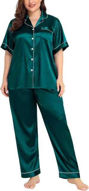 SWOMOG Women's Plus Size Pajamas Silk Satin Pajama Set Short Sleeve Shirt with Full-Length Pants Pjs Sleepwear Set 18W-26W