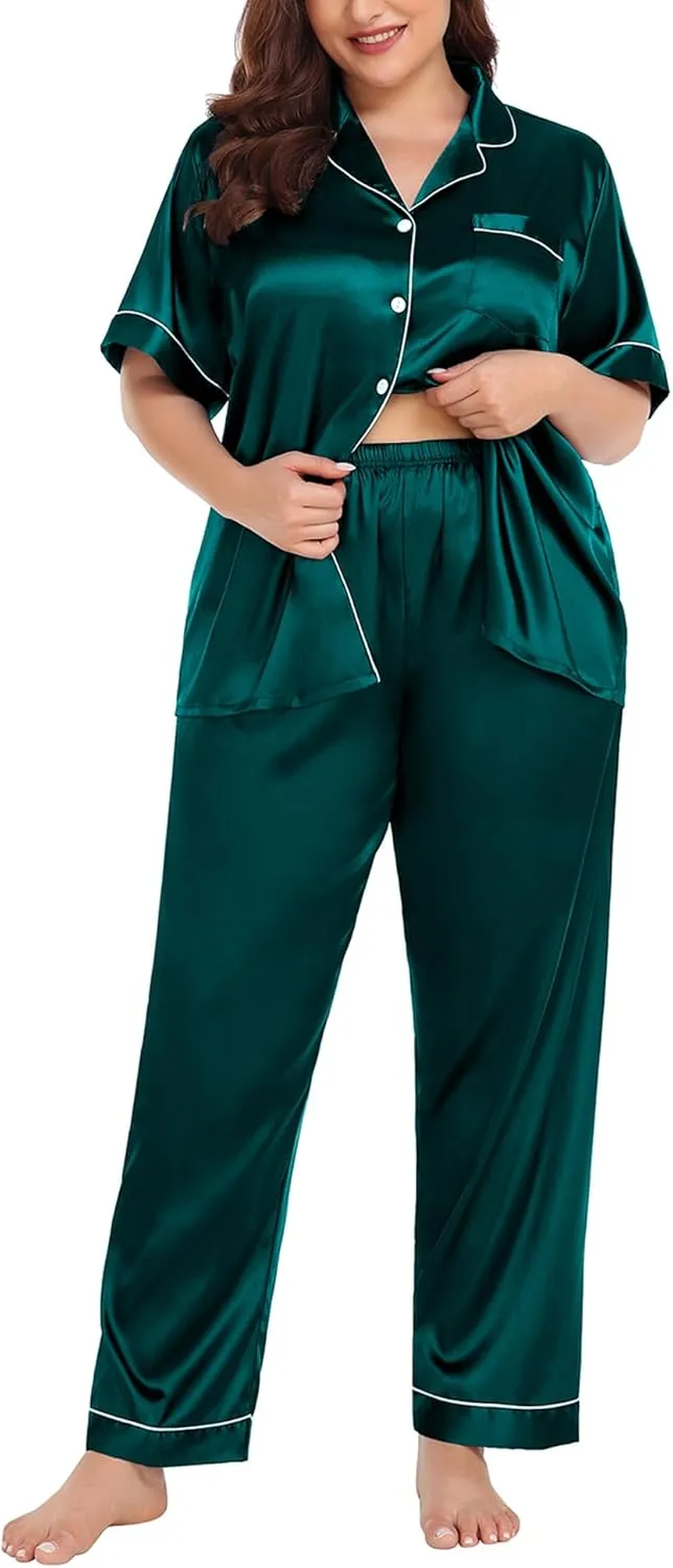 SWOMOG Women's Plus Size Pajamas Silk Satin Pajama Set Short Sleeve Shirt with Full-Length Pants Pjs Sleepwear Set 18W-26W