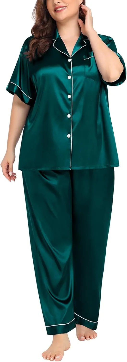 SWOMOG Women's Plus Size Pajamas Silk Satin Pajama Set Short Sleeve Shirt with Full-Length Pants Pjs Sleepwear Set 18W-26W
