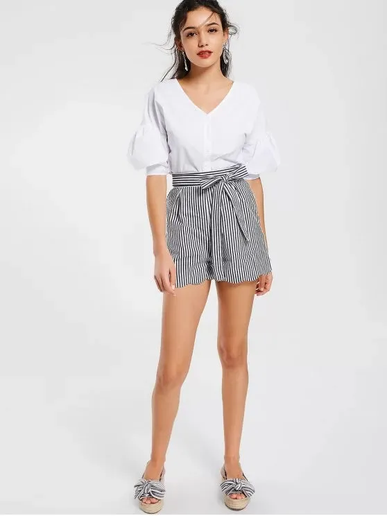 TastyHottie - Trendy Belted Scalloped Stripes Shorts