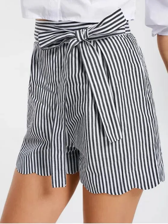 TastyHottie - Trendy Belted Scalloped Stripes Shorts