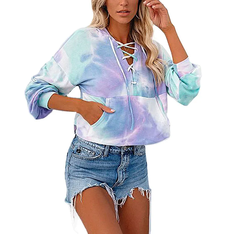 Tie-Dye Printed Long-Sleeved Hooded Lace-Up Sweatshirt
