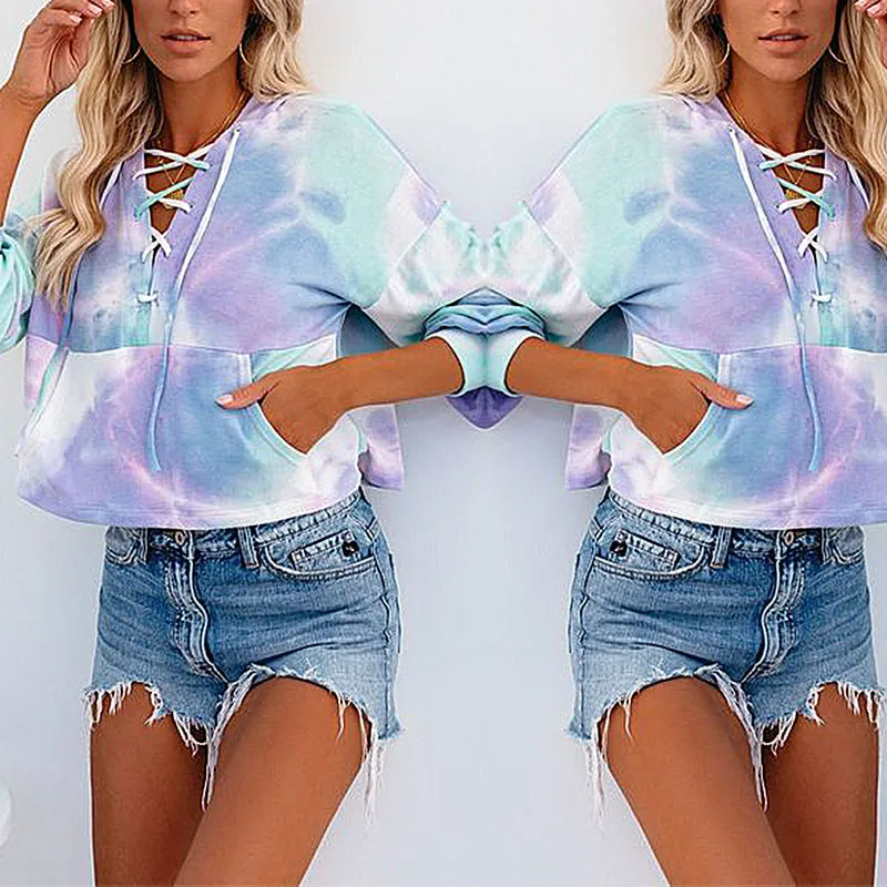 Tie-Dye Printed Long-Sleeved Hooded Lace-Up Sweatshirt