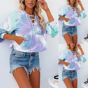 Tie-Dye Printed Long-Sleeved Hooded Lace-Up Sweatshirt