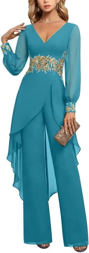 V-Neck Mother of The Bride Pant Suits for Women Asymmetrical High Low Grandmother of The Groom Jumpsuit