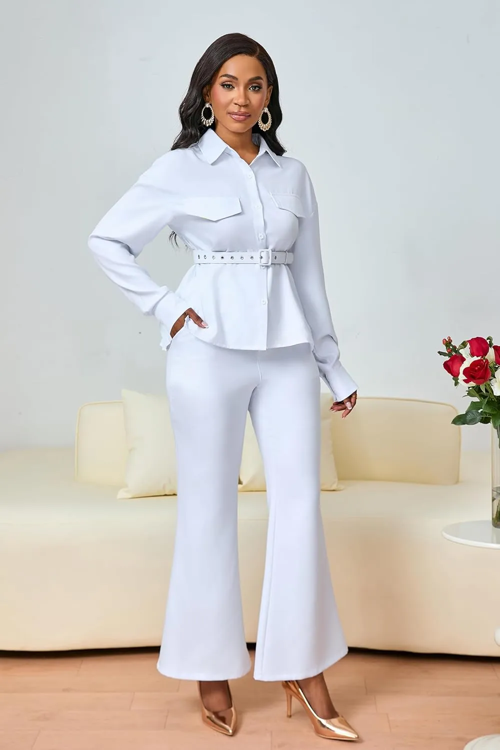VERWIN 2 Piece Outfits Belted Long Sleeve Sweatsuit Button Up Top and Wide Leg Pants Set Shirt Tracksuit