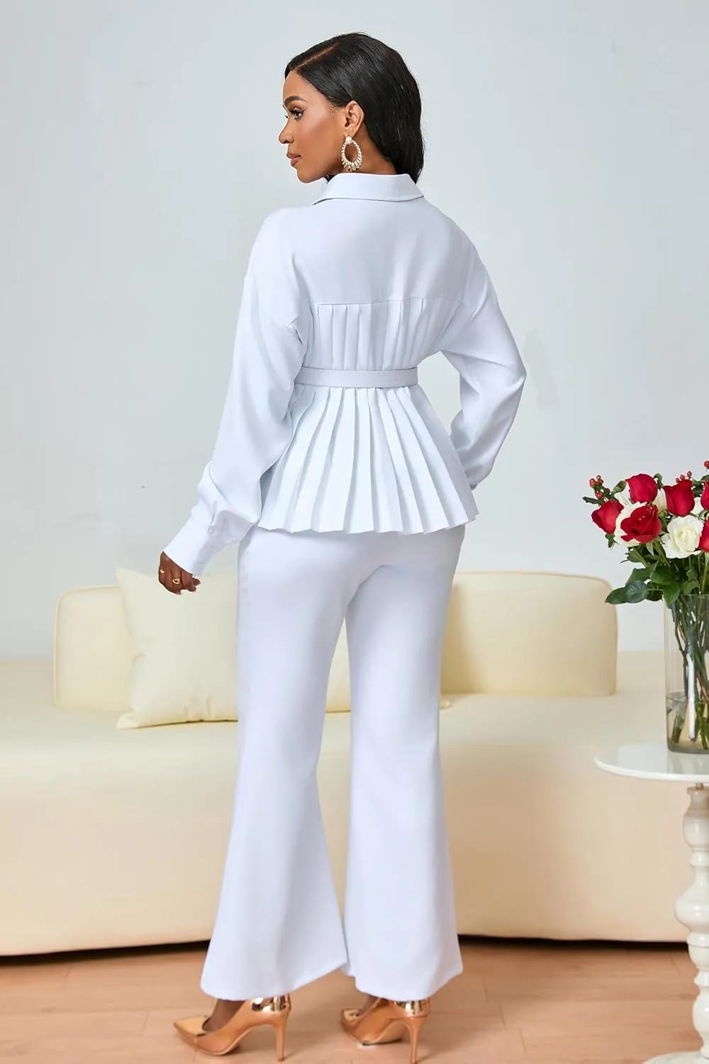 VERWIN 2 Piece Outfits Belted Long Sleeve Sweatsuit Button Up Top and Wide Leg Pants Set Shirt Tracksuit