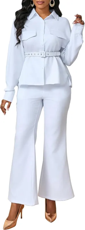 VERWIN 2 Piece Outfits Belted Long Sleeve Sweatsuit Button Up Top and Wide Leg Pants Set Shirt Tracksuit