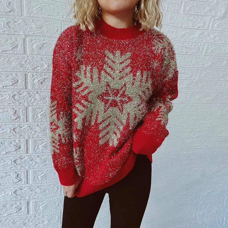 Wenkouban-Christmas Thanksgiving outfits_O-Neck Shiny Loose Fashion Autumn Winter Female Long Sleeve Christmas Sweater