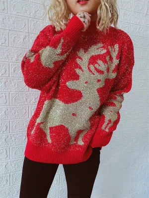 Wenkouban-Christmas Thanksgiving outfits_O-Neck Shiny Loose Fashion Autumn Winter Female Long Sleeve Christmas Sweater