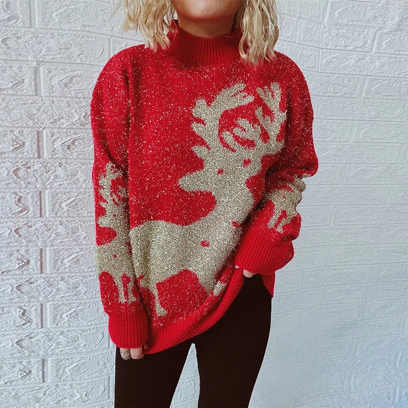 Wenkouban-Christmas Thanksgiving outfits_O-Neck Shiny Loose Fashion Autumn Winter Female Long Sleeve Christmas Sweater