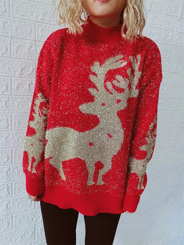 Wenkouban-Christmas Thanksgiving outfits_O-Neck Shiny Loose Fashion Autumn Winter Female Long Sleeve Christmas Sweater