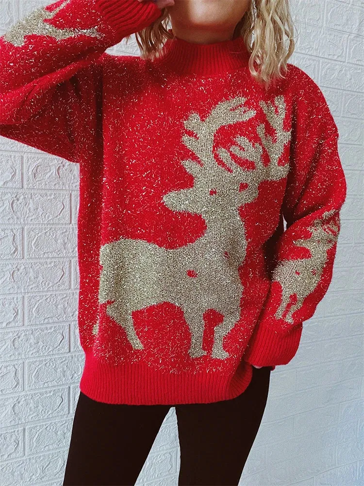 Wenkouban-Christmas Thanksgiving outfits_O-Neck Shiny Loose Fashion Autumn Winter Female Long Sleeve Christmas Sweater
