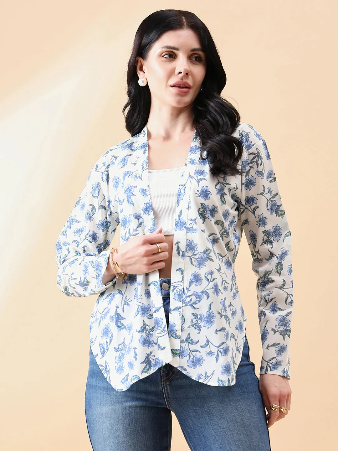 White & Blue Cotton Front Open Cambric Printed Jacket